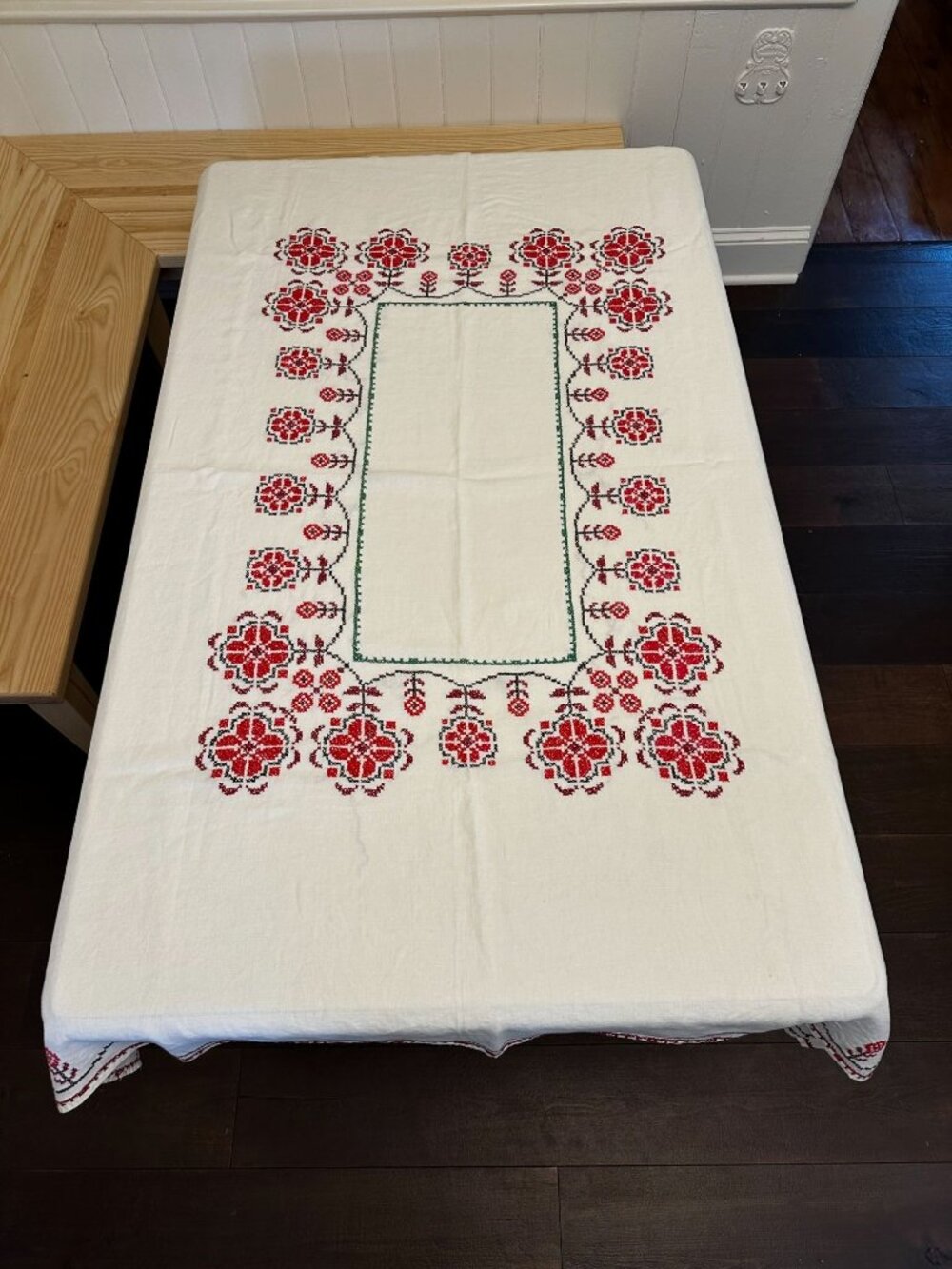 VTG Hand Embroidered Linen Tablecloth Cream Red Hungary 64 x 54 Heirloom Cottage